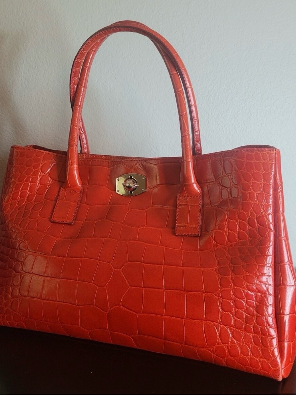 Y2K Furla Red-Orange Croc-Embossed Leather Tote Bag🔥 - Picture 2 of 13